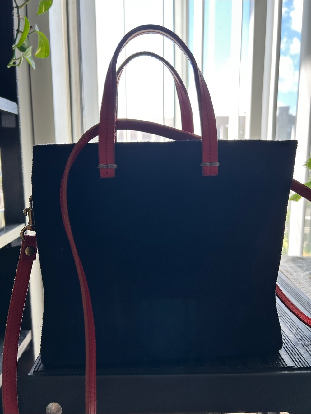 Black Tote Bag with Red Handles and Strap - Classic Women's Handbag